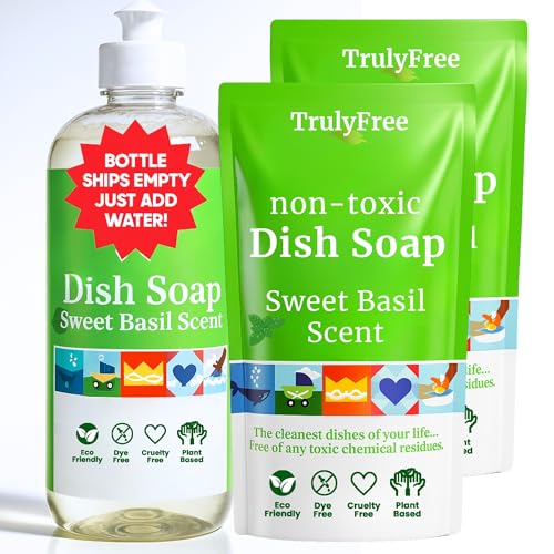 Image of Truly Free Non Toxic Dish Soap Kit | Natural Concentrated Dishwashing Liquid - Sweet Basil Scent | Organic Plant-Based | Family Safe - Eco-Friendly Formula | 16 fl oz