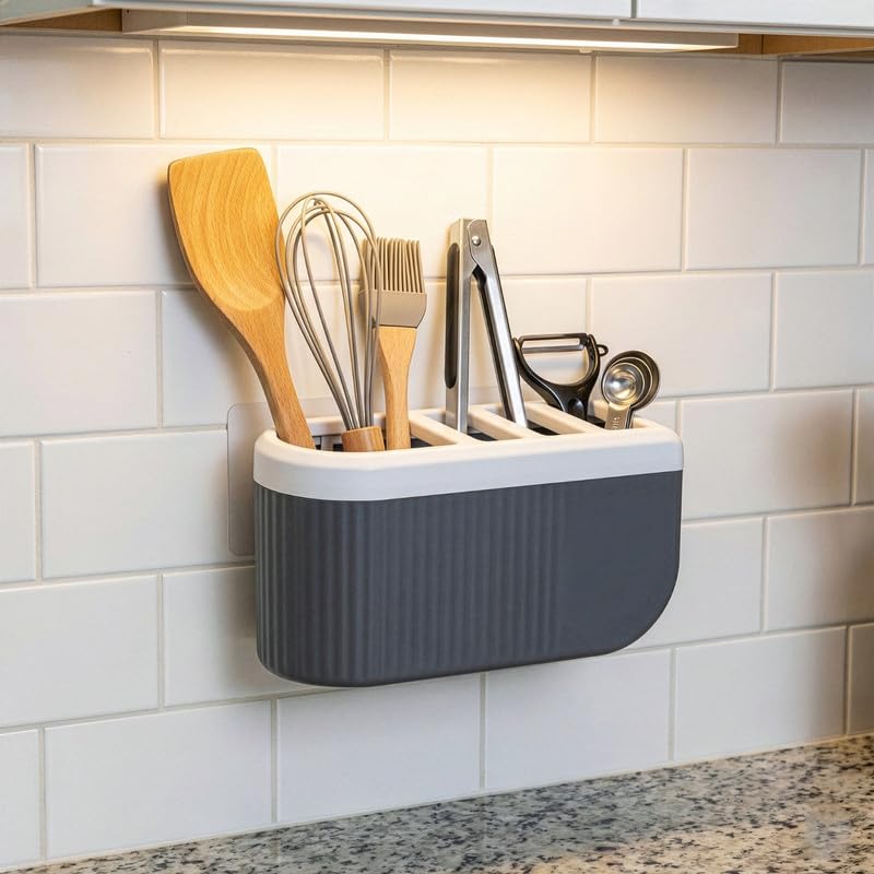 Image of HAPPI Self-Adhesive Wall-Mount Kitchen Cutlery Holder, Knife Stand, Spoon /Fork /Chopstick Storage Rack Organizer Box (4-Compartments)