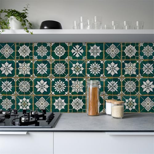 Stick on Tiles 15X15CM Dark Green Tile Stickers Transfers for Bathroom Kitchen,Peel and Stick Wall Stickers Self Adhesive Vinyl Waterproof Oil Proof Home Decor