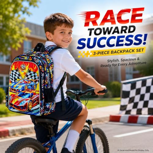 Image of HPJGD 3PCS Car Backpack for Boys, Water Resistant Kids Bookbag Set with Lunch Box, Cute School Bag for Preschool Toddler