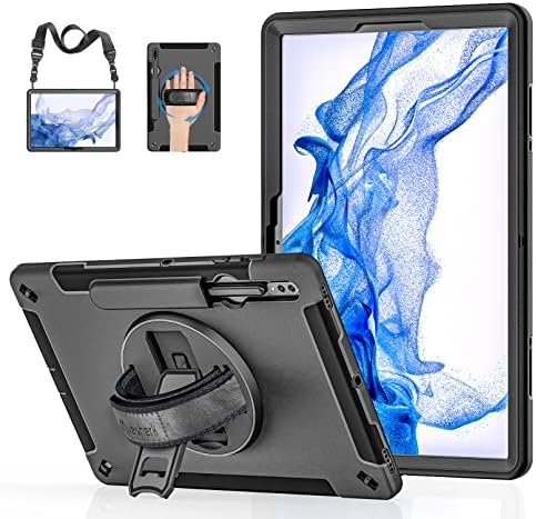 Case for Samsung Galaxy Tab S8 Plus 2022 : 3 Layer Rugged Military Grade Shockproof Case for Tab S7 FE 12.4 inch with 360° Swivel Stand - Handle - Shoulder Strap - S Pen Holder - Black