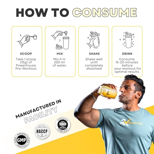 Image of POWERHOUSE by 2X Nutrition High-performance pre-workout | 450 gm | 30 Servings | Constant Energy throughout | Increases focus | Improves performance | 0.2g caffeine | Blueberry Flavor