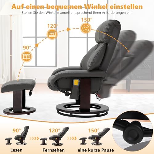 Bild 2 - Mingone Massagesessel 360° Drehbar Verstellbarer TV Sessel mit Heizfunktion Fernsehsessel mit Fußhocker Polstersessel Elektrisch Relaxliege mit 8 Massagepunkte für Wohnzimmer Schlafzimmer, Grau