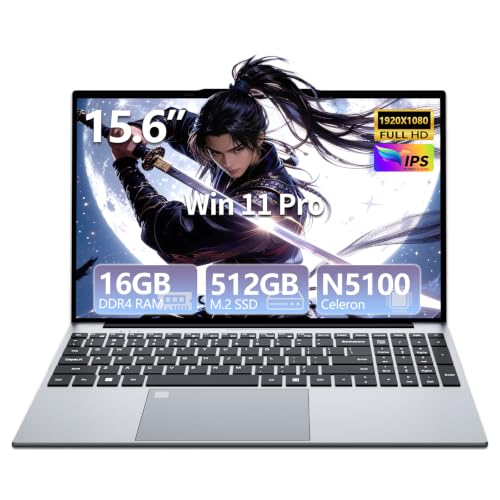 Image of Laptop, 15.6 Inch Laptop Computer, 16GB RAM 512GB SSD, Win 11 Pro Laptops, Celeron N5100 (Up to 2.8GHz), FHD 1080P, 180 Open, Backlit KB, Fingerprint, WiFi, BT, TF Card, Mini HDMI, Silver PC Lap top