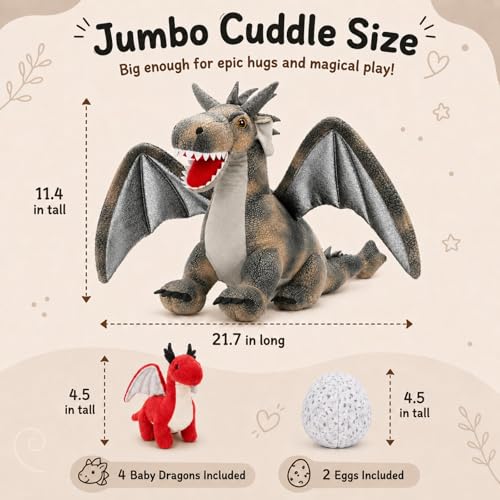 Image of Dragon Plush with 4 Babies, 21.7 inch Dinosaur Stuffed Animal, Gray