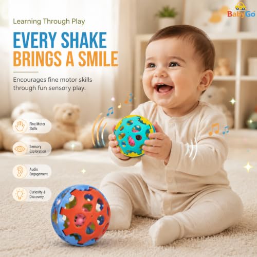 Image of BabyGo Baby Rattle Ball Toy Set for 0 to 12 Months | Newborn Baby Toys | Easy-Grip Soft Sound Sensory Rattles for Infants | Baby Shower Gift | 2 Pcs | Multicolour