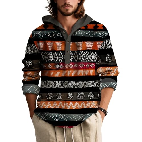 Mens Hoodie Shirts Tribal Aztec Print Vintage Ethnic Button Up Henley Neck Casual Loose Fit Fall Pullover Sweatshirt