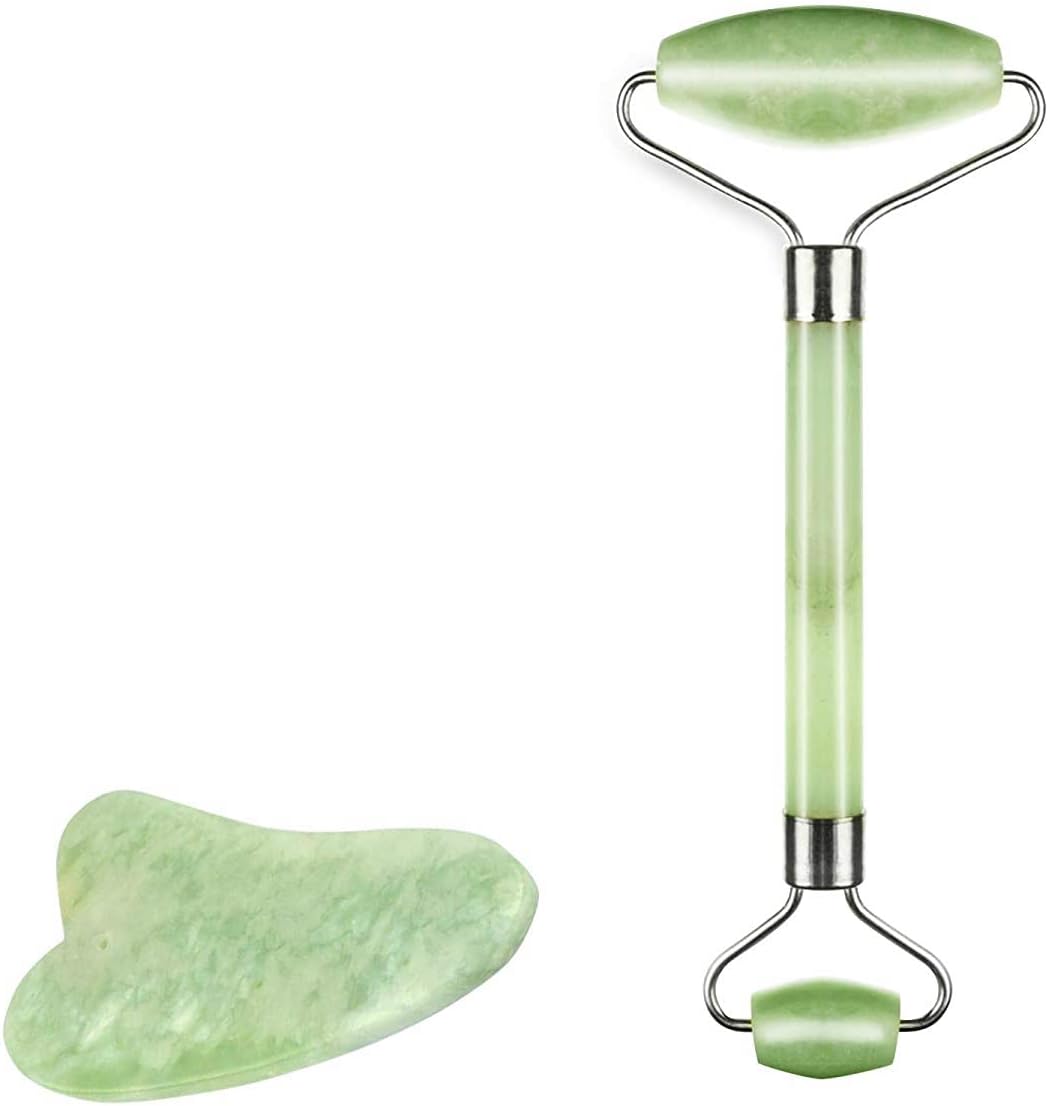Jade Roller & Gua Sha Scraping Massage Tool By Truweo - Himalayan Anti-aging 100% Natural Facial Jade Stone Set - Face Eye Neck Beauty Roller For Slimming & Firming - Rejuvenate Skin & Remove Wrinkles