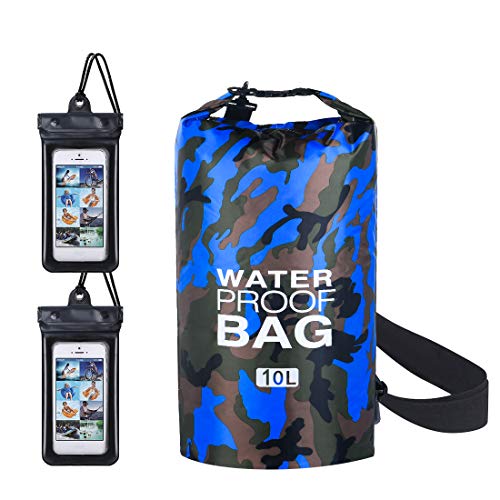 flintronic® Bolsa Impermeable, 10L Mochila Impermeable IP66, para Canoa Kayak Barco Camping Natación Rafting Velo Pesca, Azul Camuflaje (Incluye 2 PCS Bolsa Impermeable para Teléfono Celular)