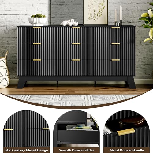 Image of HUANLEGO Fluted Dresser for Bedroom with 9 Drawers, 57 inch Mid Century Modern Dresser of Closet TV Stand, Nature Wood Dressers with Gold Handle, Boho Closet Wide Modern Chest of Drawers, Black