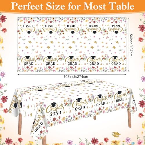 Image of Ganeen 3 Pcs Graduation Tablecloth Floral Class of 2026 Congrats Grad Table Cloths Gold Disposable Plastic Rectangle Table Cover for 2026 Graduation Decorations Grad Party Supplies, 54 x 108 Inch