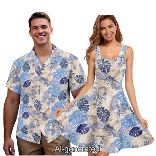 Image of Dreaweet Summer Dresses for Women A-Line Sleeveless Flowy Sun Dresses,Men's Casual Button-Down Shirts,Couple Matching Outfits