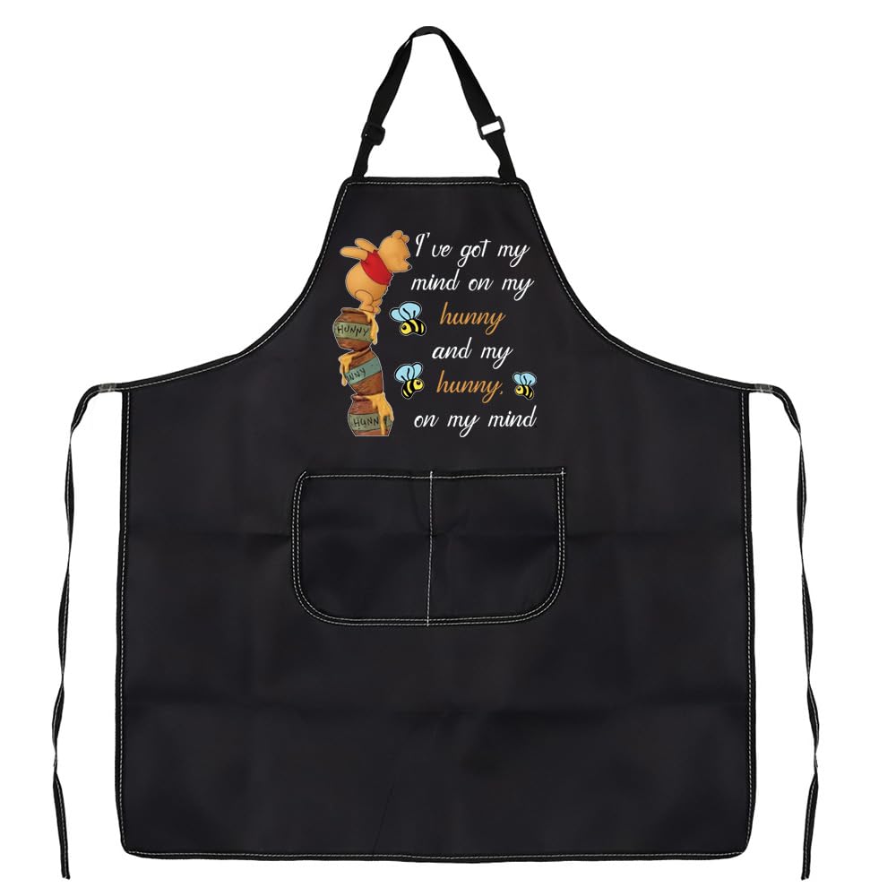 VAMSII Bear Inspired Kitchen Apron Cartoon Lover Gifts I've Got My Mind On My Honey Cooking BBQ Apron With Pockets