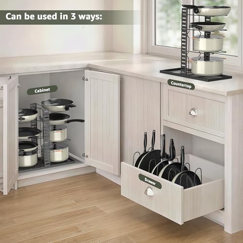 Image of Amazon Brand - Umi Pot & Pan Organizer Rack for Cabinet - Stackable Adjustable Cookware Organizer with Pot Lid Holder, Heavy-Duty Pan Rack for Kitchen Cabinet Storage