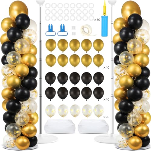 Image of 2 Set Black and Gold Balloons Column Stand Kit with 100 Balloons Adjustable Balloon Stand with Bases for Floor Black Gold Confetti Balloon Column Kit for Bridal Shower Valentine Birthday Party Decor