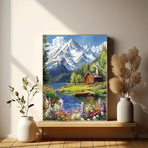 Image of Eiazuiks Stamping Cross Stitch Kit, Snow Mountain Counting Cross Stitch Kit for Adult Beginners, Full Line DIY Stitching Kit for Home Decor Cross Stitch Patterns 12x16 inches