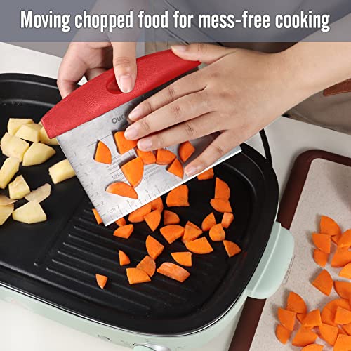 Ourokhome Bench Dough Kitchen Scraper Knife, Stainless Steel Pizza Cutter For Baking, Bread With Anti-Wear Laser-Engraved Measuring Scale And Conversion Chart, Dishwasher Safe, 2 Pack, Red #TOP4