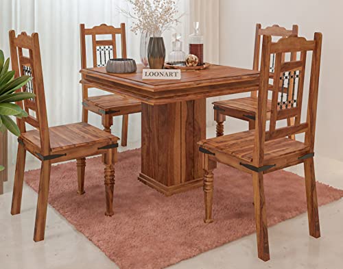 Image of Loonart Solid Sheesham Wood 4-Seater Dining Table Set with Pillar Base |Handcrafted Wooden Dining Furniture with Honey Finish |Compact Dining Set for Home| Kitchen Or Apartment Use|
