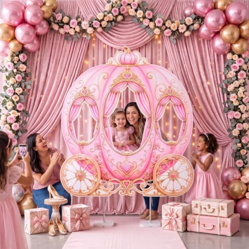 Image of Qunclay 4.5 ft Princess Carriage Cardboard Cutout Pink Fairy Tale Princess Party Decoration Life Size Photo Booth Prop Standee Stand up 3D Display Backdrop Decor for Birthday Baby Shower
