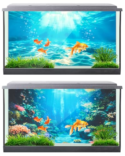 Image of Mindsoft 4 Pack Aquarium Background Polyester 48 x 24 Inch Cloth Fish Tank Background Undersea Corals Sunshines Rock Aquatic Plants Wallpaper with Double-Sided Tape