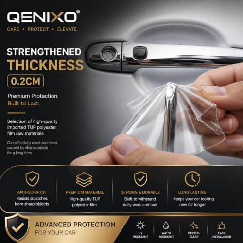 Image of Qenixo Universal Car Door Handle Protector & Vehicle Door Decal Self-Adhesive Transparent PU Scratch-Guard Vinyl Sticker for Paint Protection Decorative Automotive Graphic Wrap Universal Fit Pack of 4