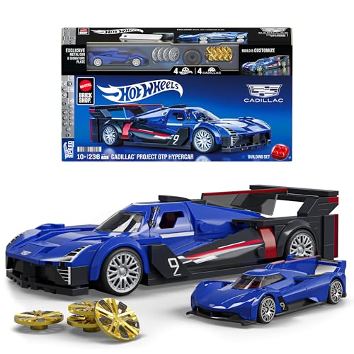 Mattel Brick Shop Hot Wheels Jogo de Construção Speed Cadillac Project GTP Hypercar em escala 1:32 com Placa de Coleção e 1 carrinho de metal Perfeito para colecionadores