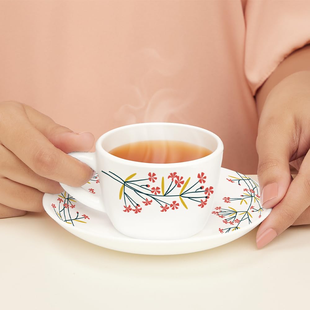 Larah by BOROSIL Silk Series Red Bud Opalware Cup and Saucer Set of 12 pcs | Tea/Coffee Cups 140 ml | Microwave & Dishwasher Safe, Bone-Ash Free | Crockery Set Ideal for Daily Use & Gifting, White 1