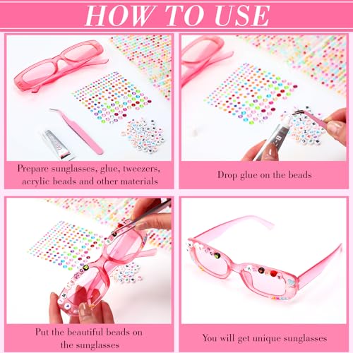 24 Pairs DIY Sunglasses Decorating Kit Popular Singer Party Favors Friendship Glasses Craft Bulk with Letter Beads Glue Tweezers Acrylic Diamond and Pearl Stickers for Women (Square Shape)4