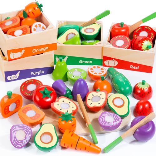 Image of WOODMAM Wooden Play Food for Toddlers, Color Food Groups, Fruit & Veggies Cutting Set, Pretend Play Food Kitchen Accessories for 3 4 5 6 7 Years Old Boys & Girls