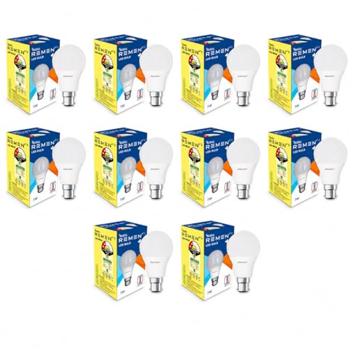 Image of REMEN 7W LED Bulb B22 Base Pack of 10 | 6500K Cool Day Light | 735 Lumens | BIS Certified & BEE 2 Star | 105 lm /W High Efficiency | LED Bulb for Home, Bedroom, Kitchen & Office