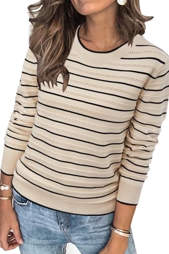Arach&Cloz Women's Spring Tops 2025 Striped Sweater Fashion Crew Neck Long Sleeve Outfits Trendy...