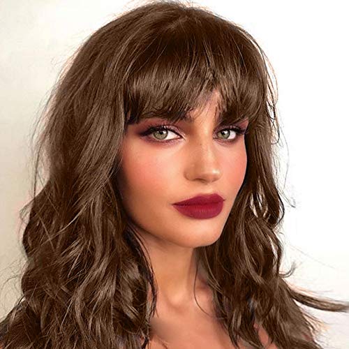 Sallcks Brown Wig with Bangs Long Natural Wavy Wigs for Women Synthetic Heat Resistant Hair Wigs for Daily Party Cosplay