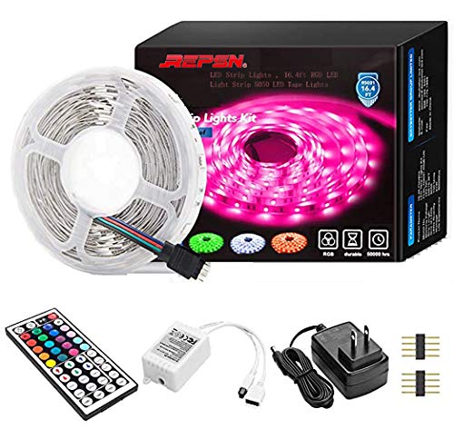 REPSN LED Strip Lights, 16.4ft RGB LED Light Strip 5050 LED Tape Lights, Color Changing LED Strip Lights,with 44 Keys Remote, LED Lights for Bedroom, Home Decoration, Kitchen, Bar
