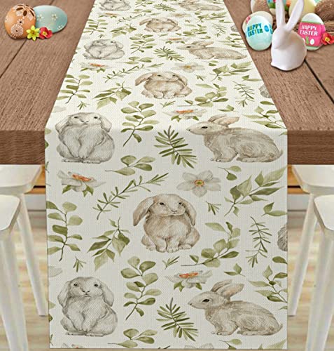 Easter Rabbits Table Runner 13X72 Inch,Bunny With Flowers Table Decors For Seasonal Spring Farmhouse Home Kitchen Dining Party 13X72 Inch #TOP1