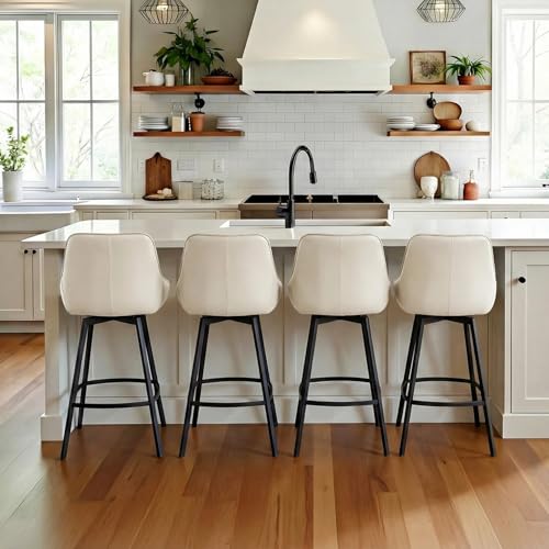 Image of Zesthouse Swivel Bar Stools Set of 4, 26 inch Modern Counter Height Bar Stools with Low Backs, Upholstered Faux Leather Bar Chairs for Kitchen Counter, White Island Chairs with Metal Legs
