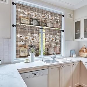 Farmhouse floral kitchen window curtains valance and tier set 36 inch daisy rustic vintage flower inspirational 3 piece window treatment tiers kitchen decor country wooden drapes  urban country home decor