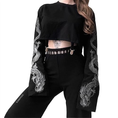 Gothic Crop Top Hoodie for Women Black Sexy Sweatshirt Goth Shirt - Medium - Long Sleeve Crop Tops 9