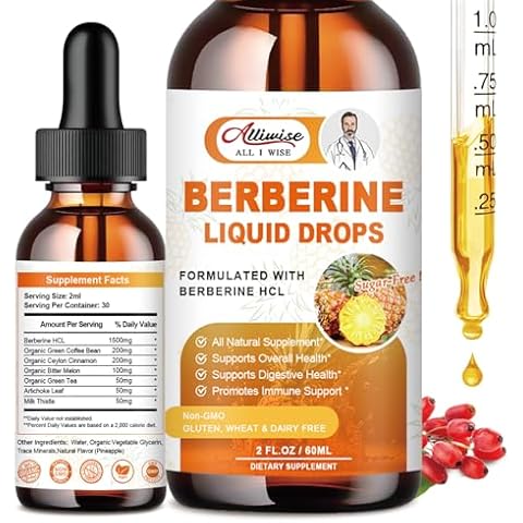 Alliwise Berberine Supplement Liquid Drops with Ceylon Cinnamon, Bitter Melon for Immune System & Digestive System Supports -Premium Berberine 1500mg with Pure Ceylon Cinnamon Cover