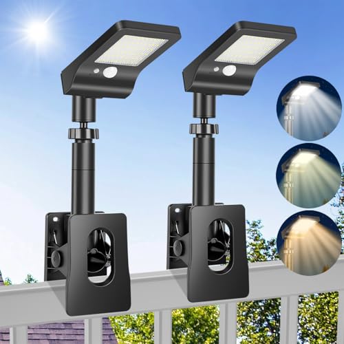VOPHICHO Luces solares con clip para exteriores, lámpara solar con sensor de movimiento, LED de dos colores, mando a distancia, impermeable, foco solar de seguridad de iluminación para jardín vallas