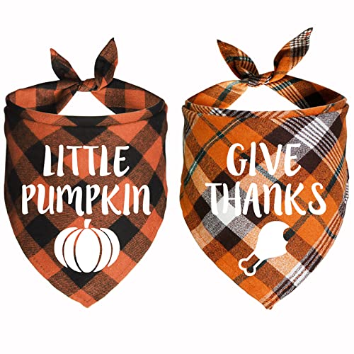 JOTFA 2 Pack Halloween Thanksgiving Day Dog Bandanas, Holiday Fall Plaid Dog Puppy Bandana Scarf Little Pumpkin Give Thanks for Small Medium Large Dogs Pets