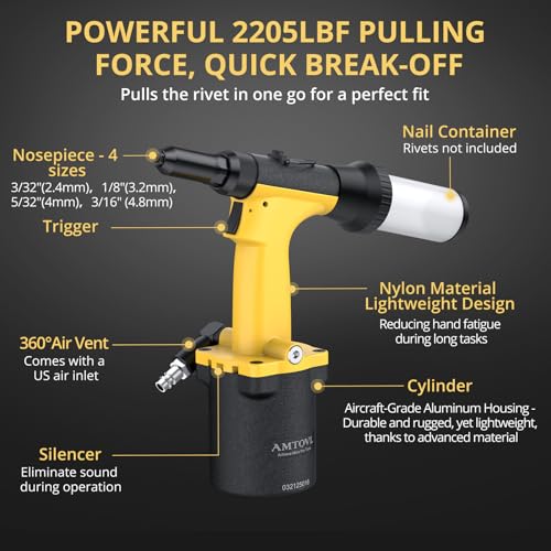AMTOVL Pneumatic Riveter - 1000KGF/2205LBF Pulling Pneumatic Rivet Gun, Heavy-Duty Air Pop Riveter 2.4mm, 3.2mm, 4mm, 4.8mm Capacity - Image 3