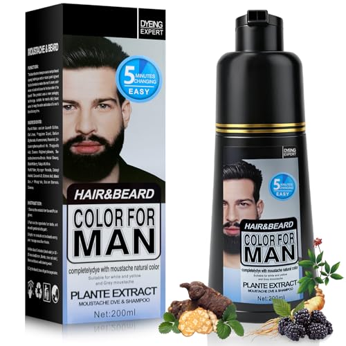 Barbe & Moustache Noir Coloration Homme, Instant Élimine les Poils Blancs pour Barbe, Moustache &...