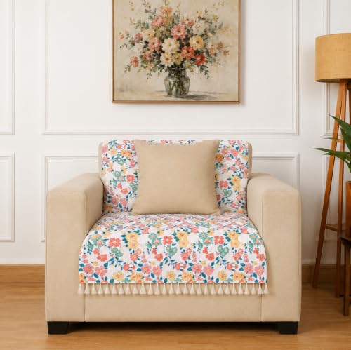 Roseate Quilted Velvet Full Sofa Cover (1 Seater/ 24"x54") Sofa Protector for Living Room/Bedroom interiors (Summer) with Tassels