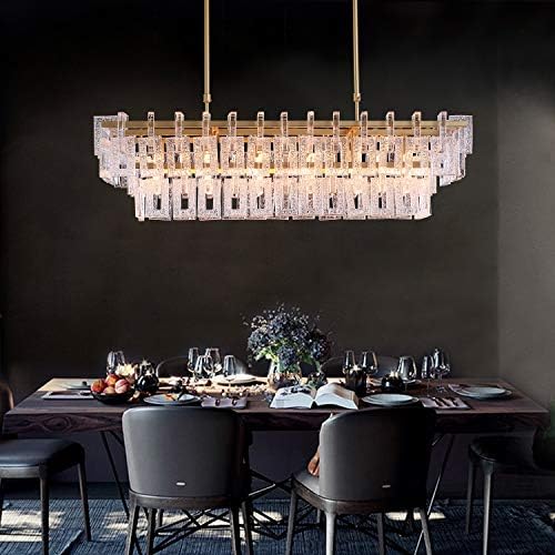 Moooni Modern 6-Lights Luxury Rectangle Crystal Chandeliers Over Island Pendant Ceiling Lighting Fixture 2-Tier for Dining Room Kitchen Gold Frame ...