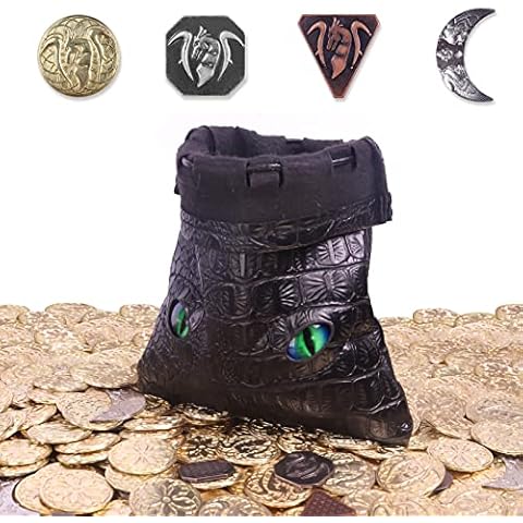 145PCS Metal DND Coins & Leather Bag, Contains 60 Gold Coins, 40 Sliver Coins, 40 Copper Coins and 5 Platinum Coins, Tokens with Glow in The Night Eyes Bag for RPG Tablelap Games Cover