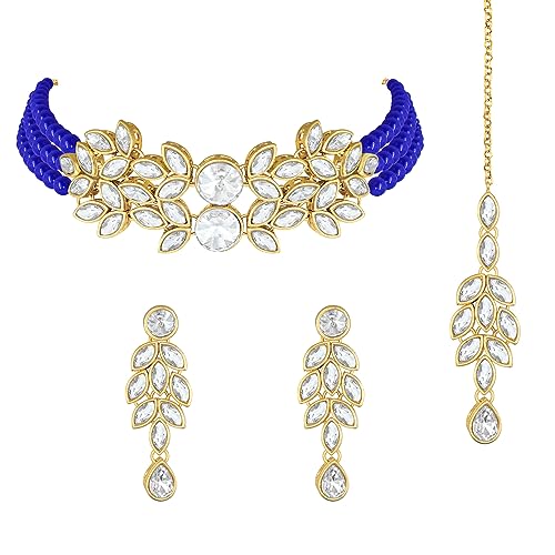 Image of Peora Gold Plated Bridal Crystal Pearl Choker Necklace with Drop Earrings Traditional Jewellery Set for Women