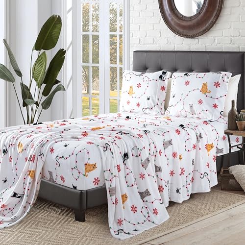 Elegant Comfort Luxuriously Soft 4-Piece Holiday Velvet Plush Flannel Sheet Set - Premium Quality - Cozy Warm, Christmas Fuzzy Velvet Flannel Fleece Deep Pocket Sheet Set - Cal King, Jingle Cats