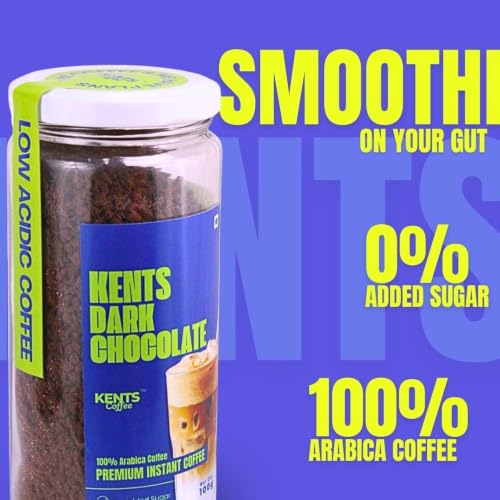 Image of Kents Coffee Dark Chocolate Instant Coffee | 100% Arabica with Natural Flavour | No Added Sugar & LOW ACIDIC COFFEE | Rich Mocha Taste | Perfect for Hot Mocha & Iced Choco-Latte | 100g Jar