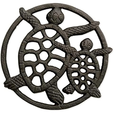 GASARÉ, Cast Iron Trivet for Hot Dishes, Pots, and Pans, Metal Trivet, Two Turtle Design, Rubber Feet Caps, Ring Hanger, 8.5 Inches, Brown, 1 Unit Cover