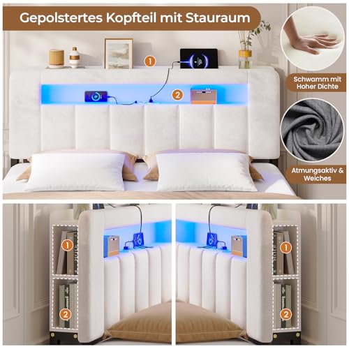 AOGLLATI Polsterbett 140x200 mit Stauraum,Hydraulisches Bett mit LED-Bleuchtung und Ladestation Jugendbett Doppelbett Bettgestell mit Kopfteil aus Samt-Ohne Matratze (Beige Samt, 140x200cm)